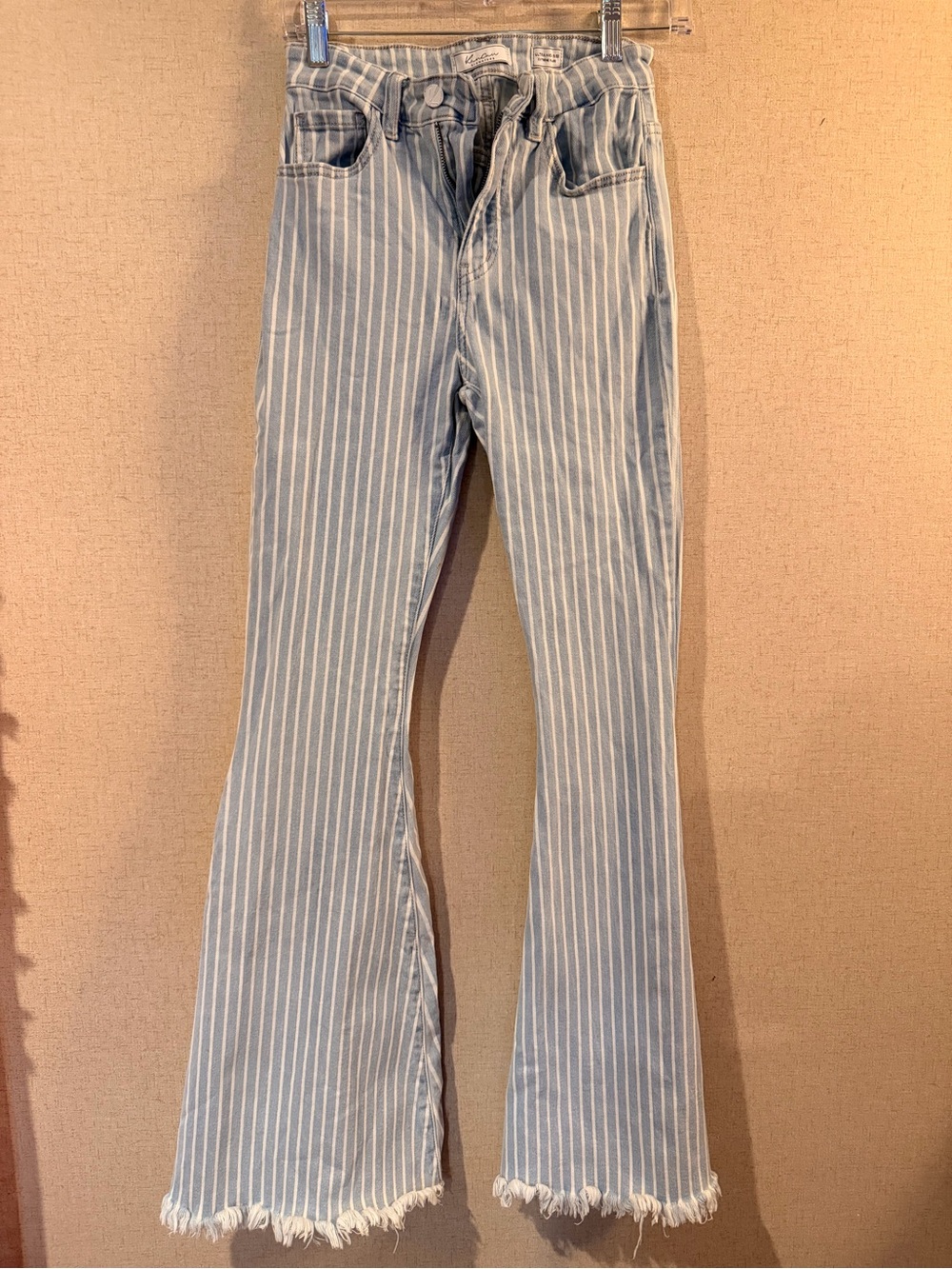 Striped High Rise Super Flare Bell Bottom Jeans Raw Hem Blue White